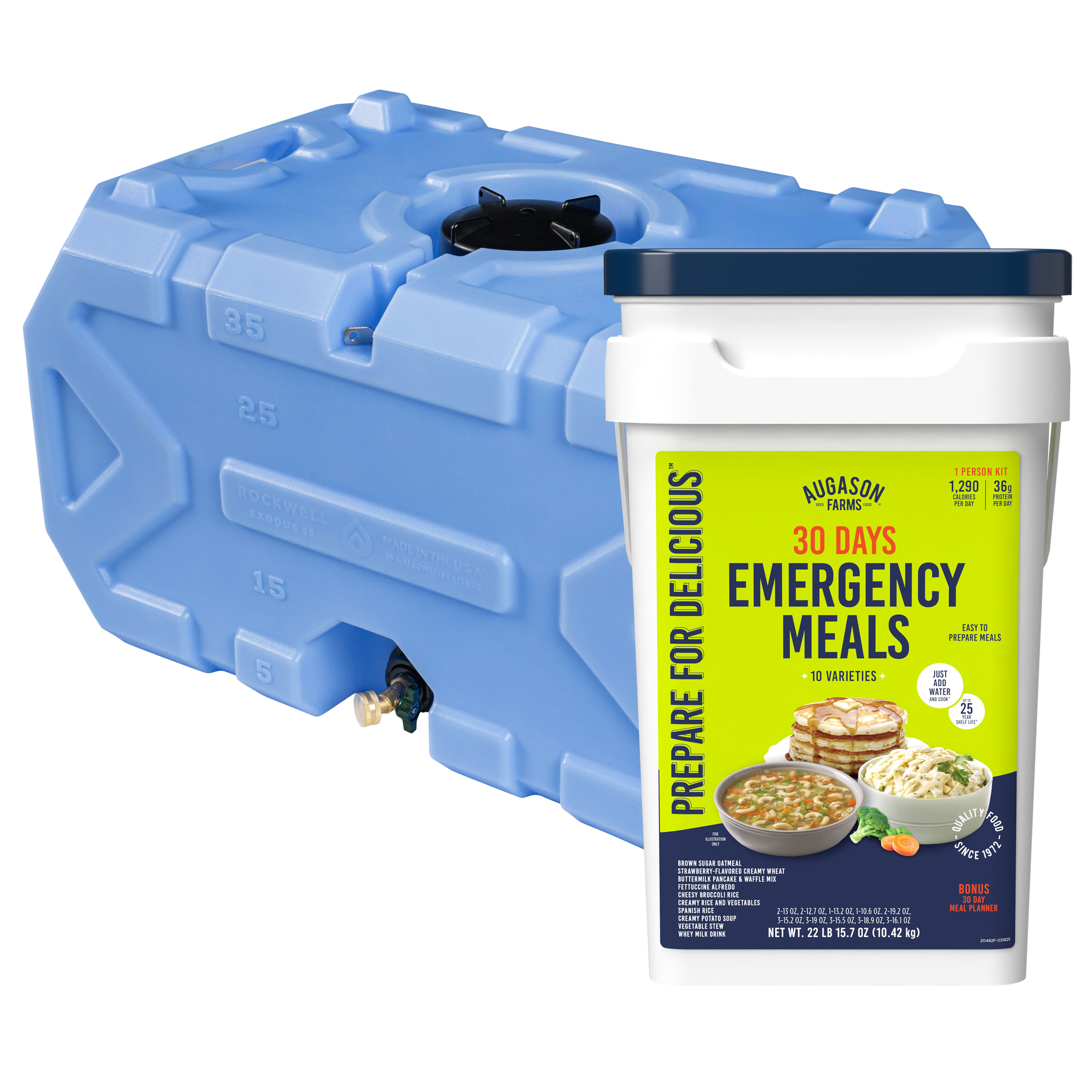 The 30 Day Emergency Starter Kit - 35 Gallon Water Tank & 1-Person 30-Day Emergency Food Supply Kit
