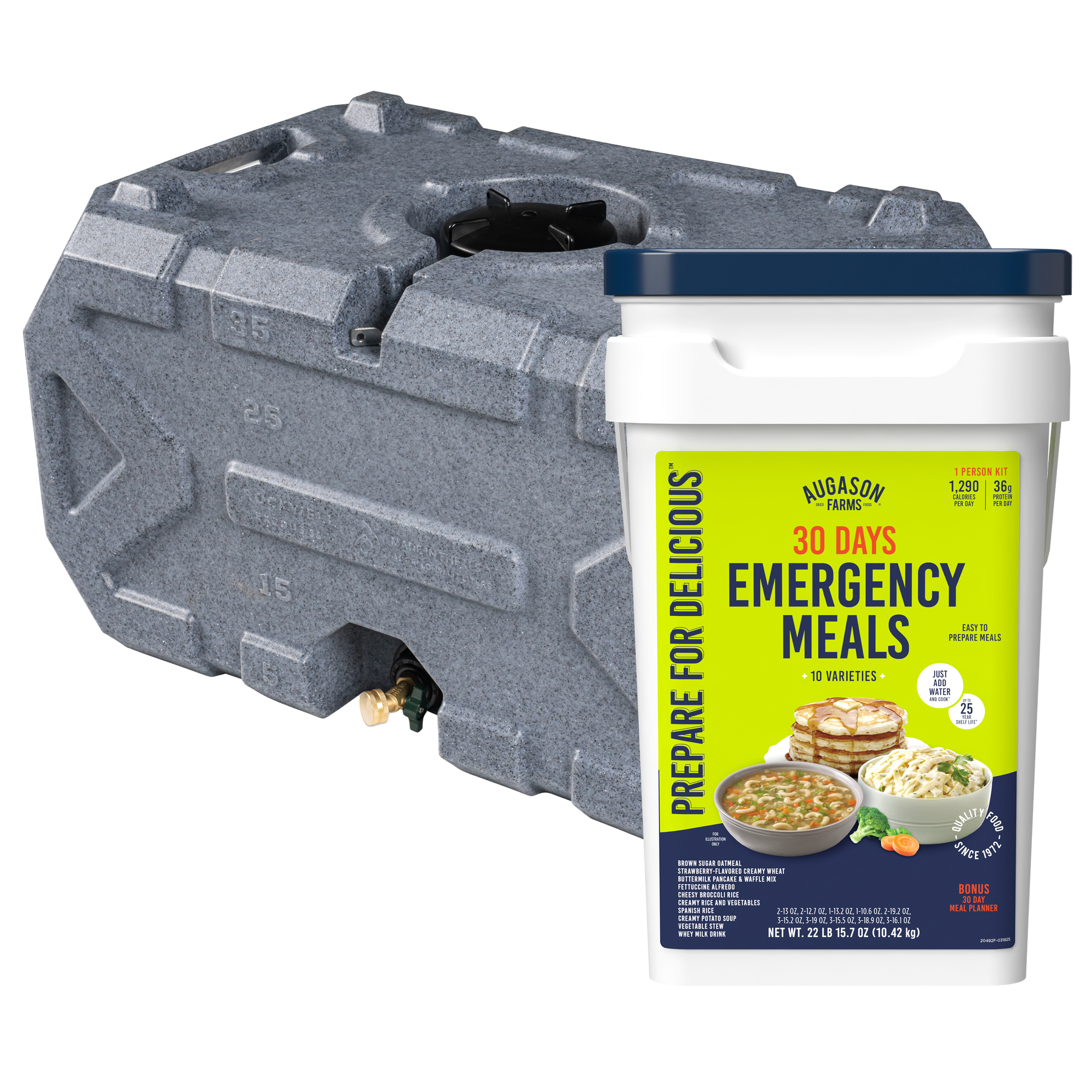 The 30 Day Emergency Starter Kit - 35 Gallon Water Tank & 1-Person 30-Day Emergency Food Supply Kit